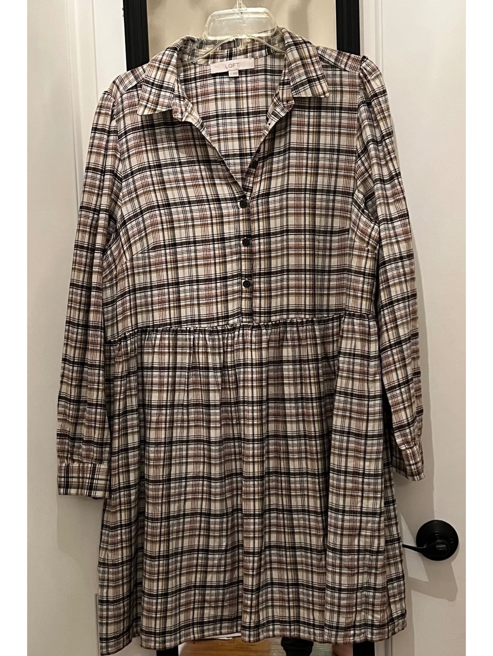 LOFT Women's Large Brown Tan Cream Plaid Long Sleeve Shirt Dress Cowboy